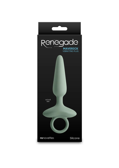 Verpakking van Renegade Maverick silikonnen anale plug in groen, met ronde ring