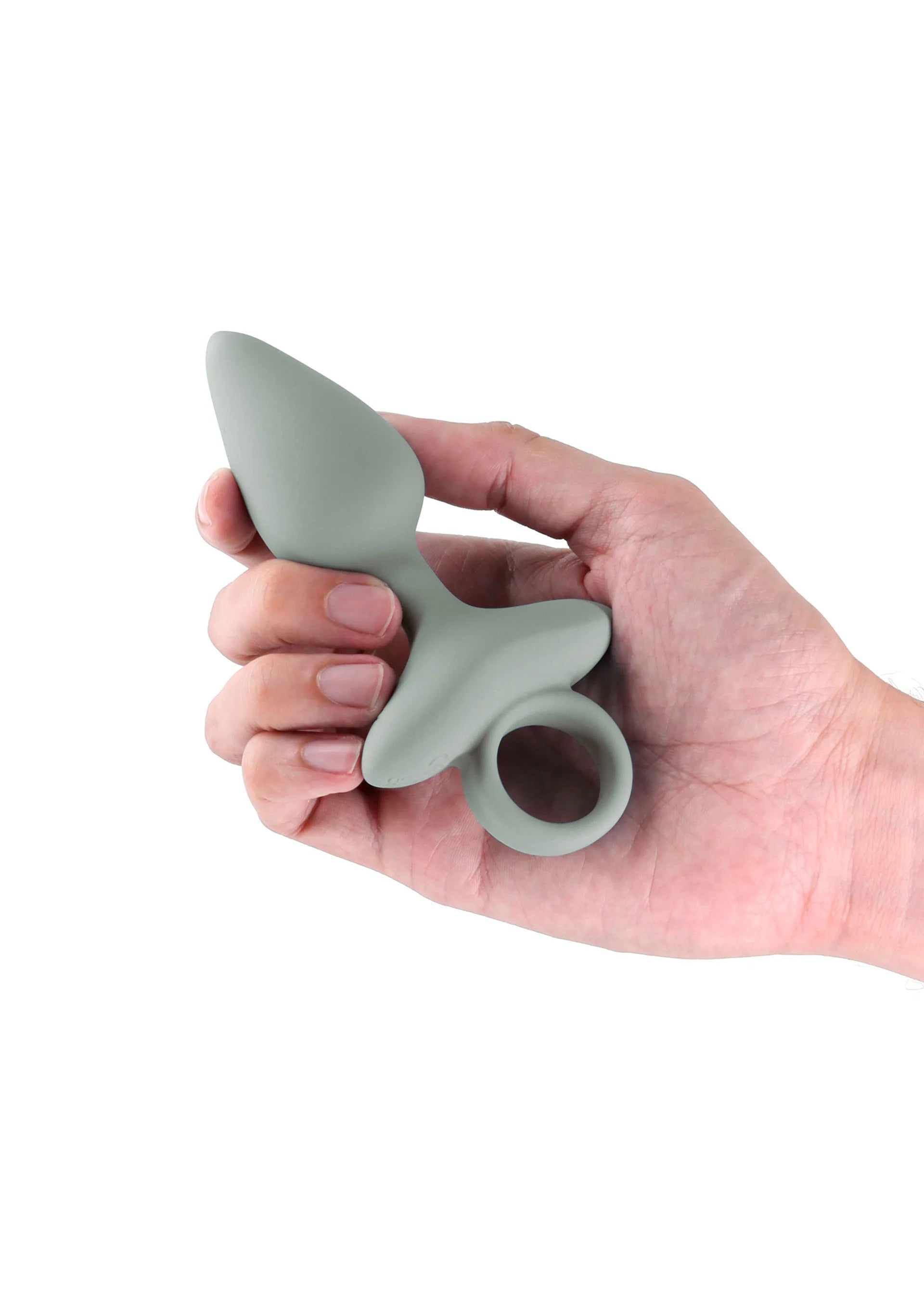 Lichtblauwe siliconen buplug in hand, conische top en ring