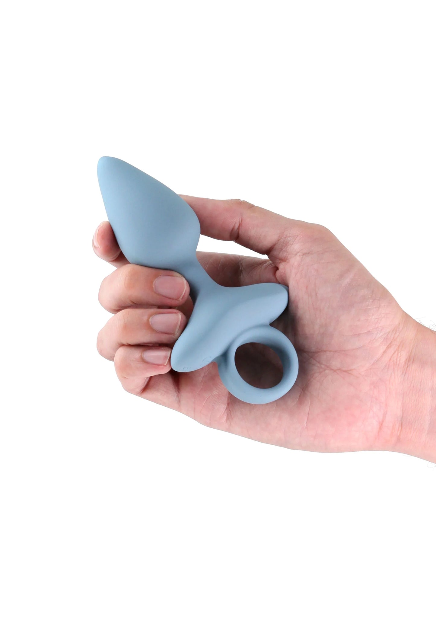 Blauwe siliconen buplug in hand, conische punt en ringvormige opening