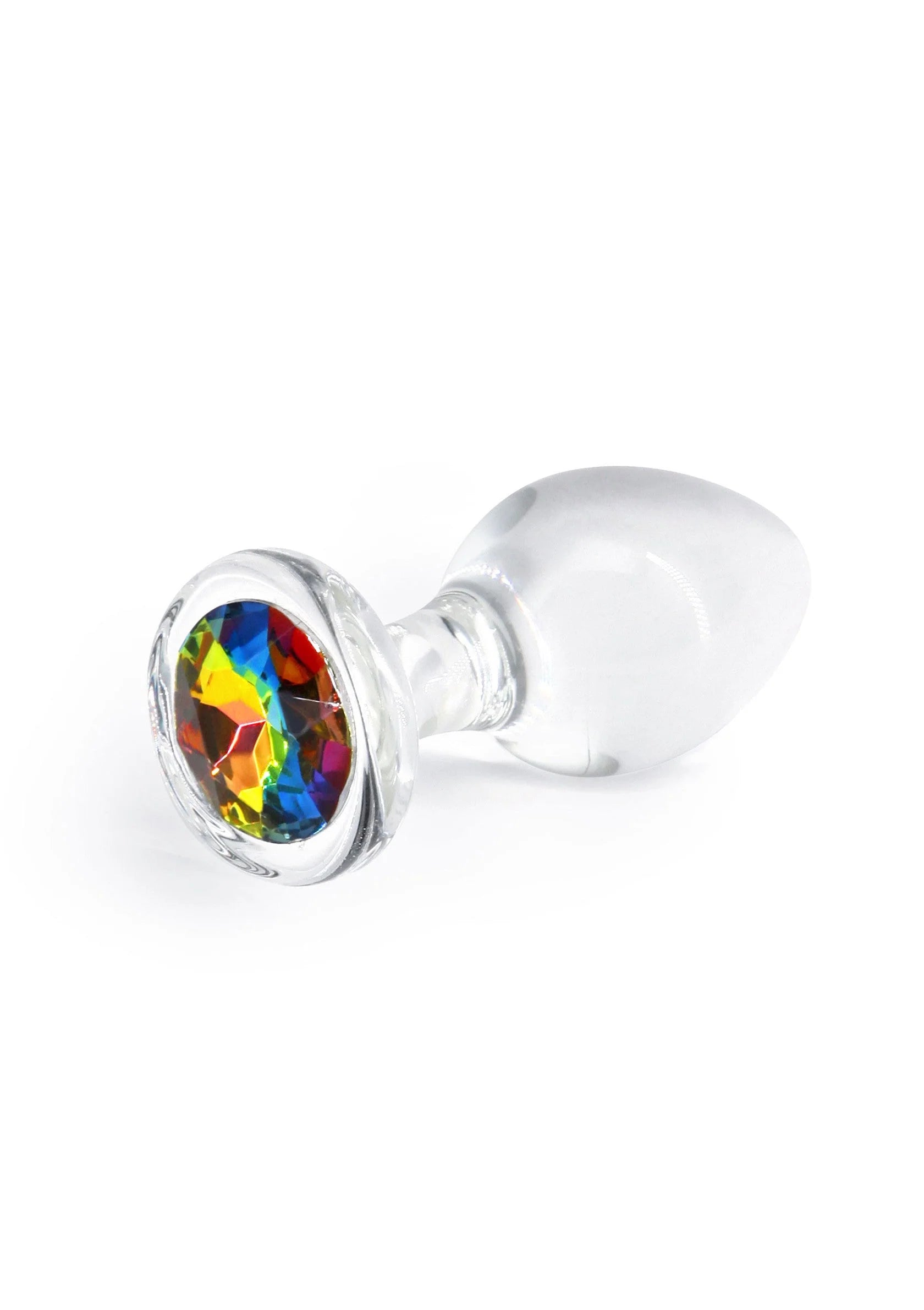 Glazen plug met regenboogsteen in zilverkleurige rand en doorzichtige steel