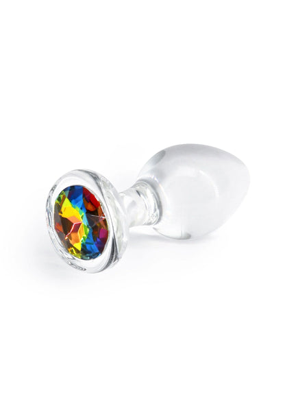 Glazen plug met regenboogsteen in zilverkleurige rand en doorzichtige steel