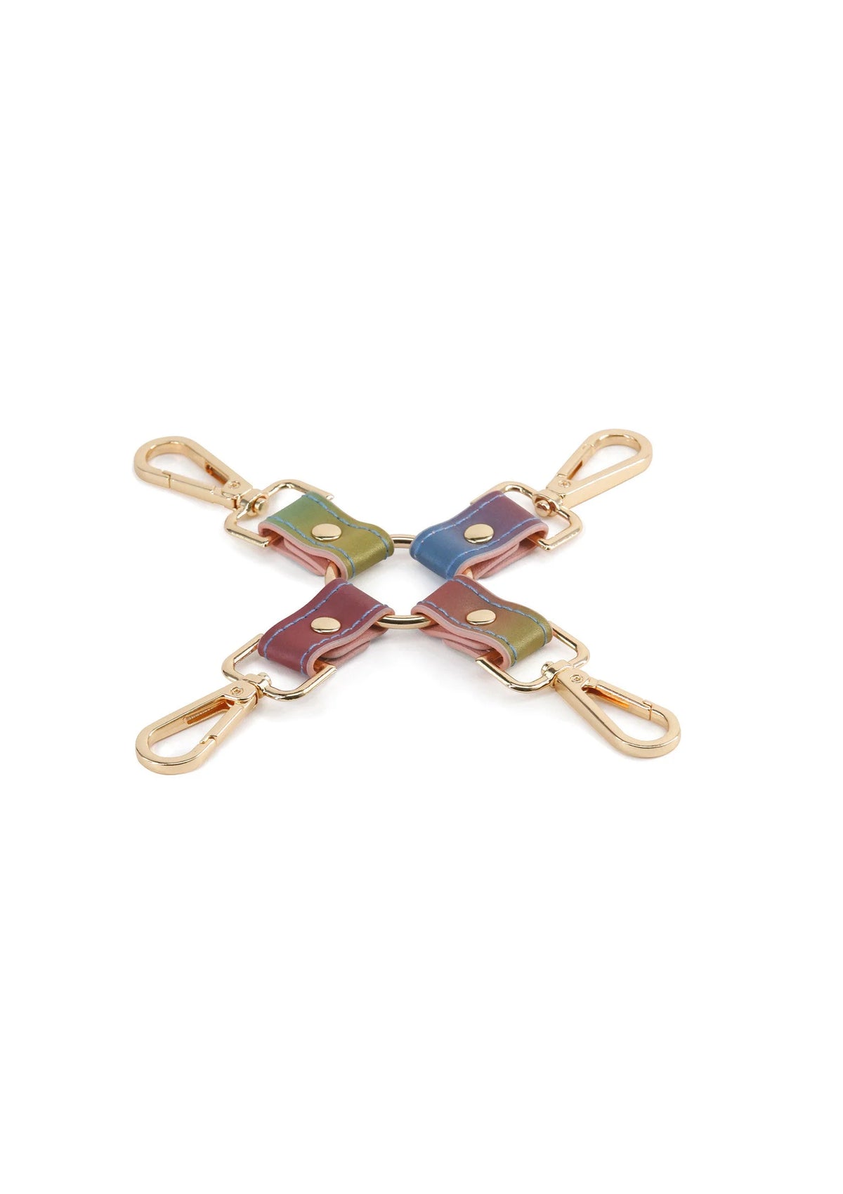 Bondage hogtie met vier verstelbanden, pastel inzetstukken en metalen clips