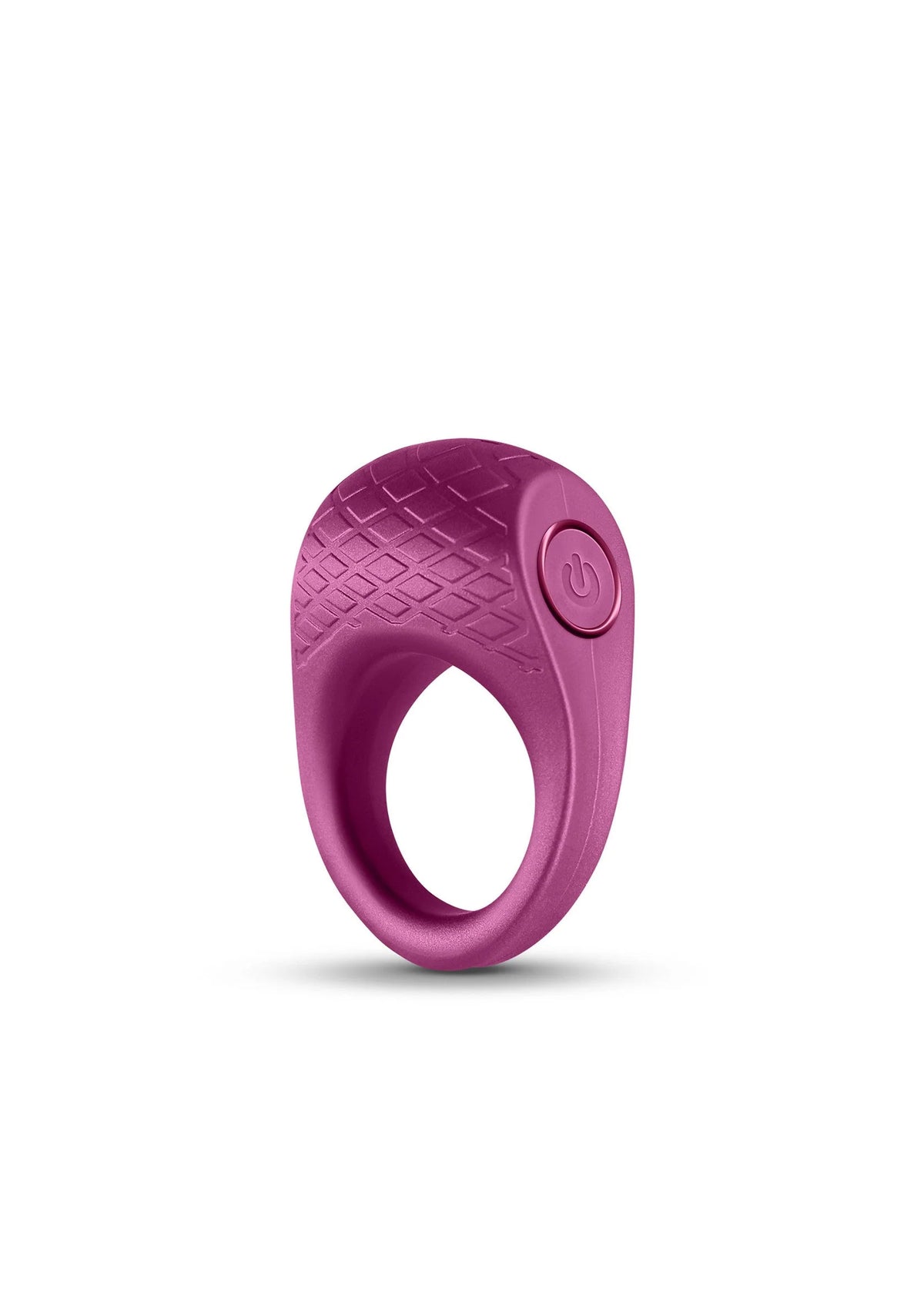 Paarse vibrerende cockring met reliëf en kleine ronde knop, losse productfoto
