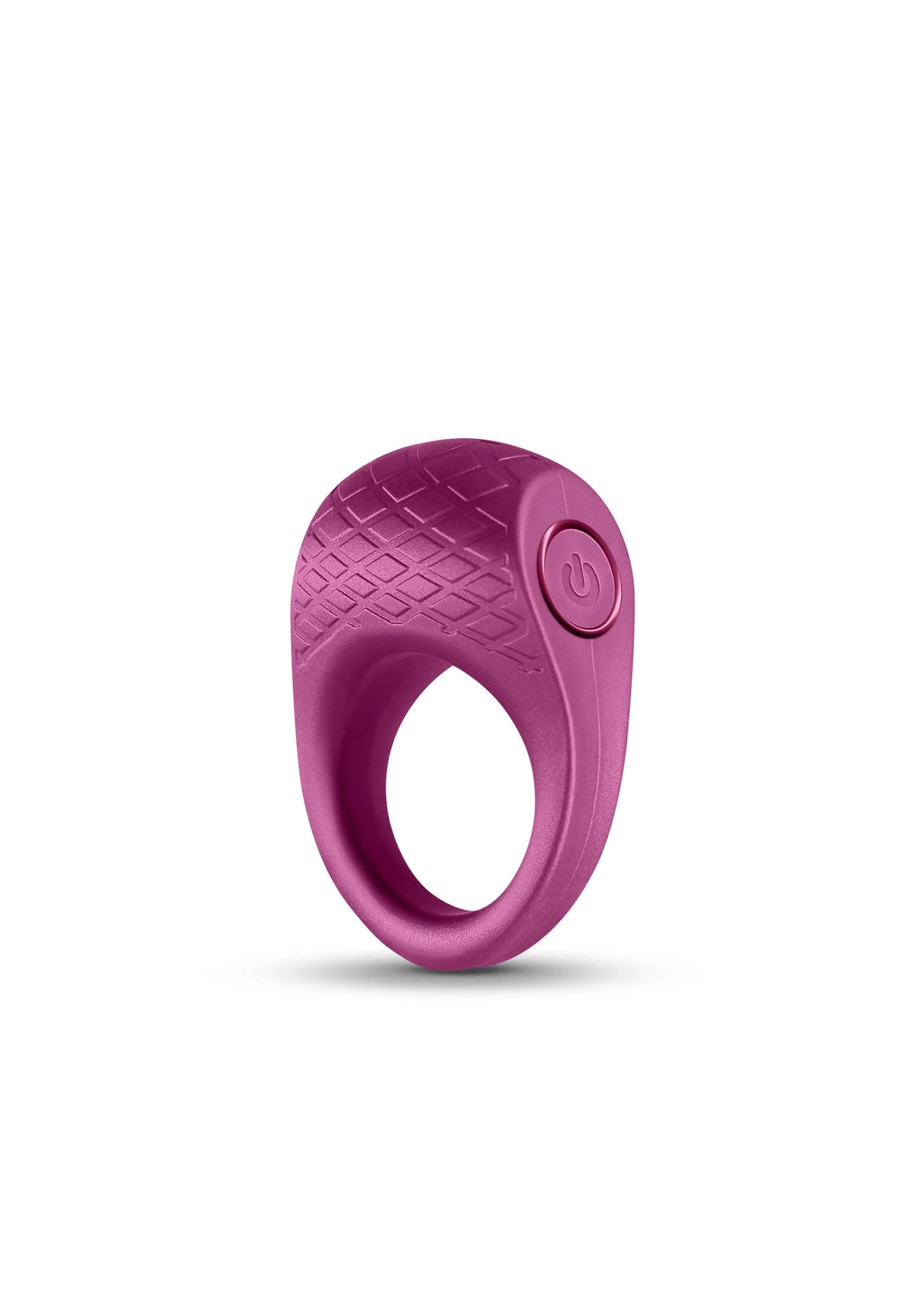 Paarse vibrerende cockring met reliëf en kleine ronde knop, losse productfoto