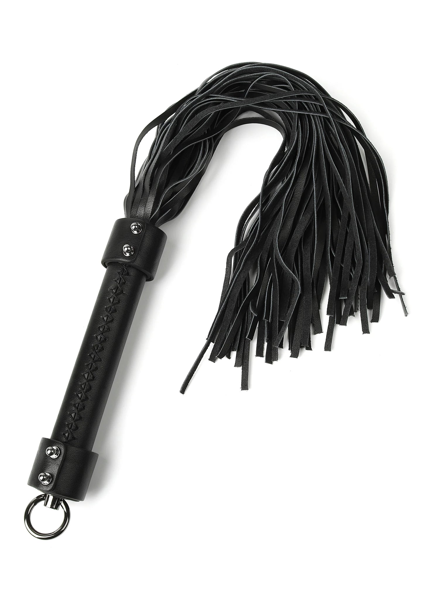 Zwarte leren zweep met franjes en metalen ring aan de onderkant