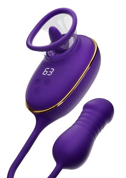 Paarse automatische stimulator met ringhandvat en extra ronde opzet voor stimulatie