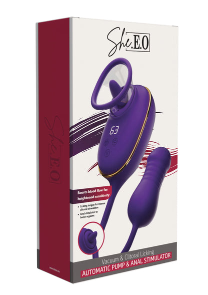 She.EO productverpakking van paarse vacuüm pomp & anale stimulator met ringhandvat