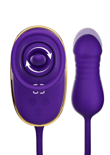 Voorzijde van paarse automatische stimulator met bedieningsknoppen en ronde opzet