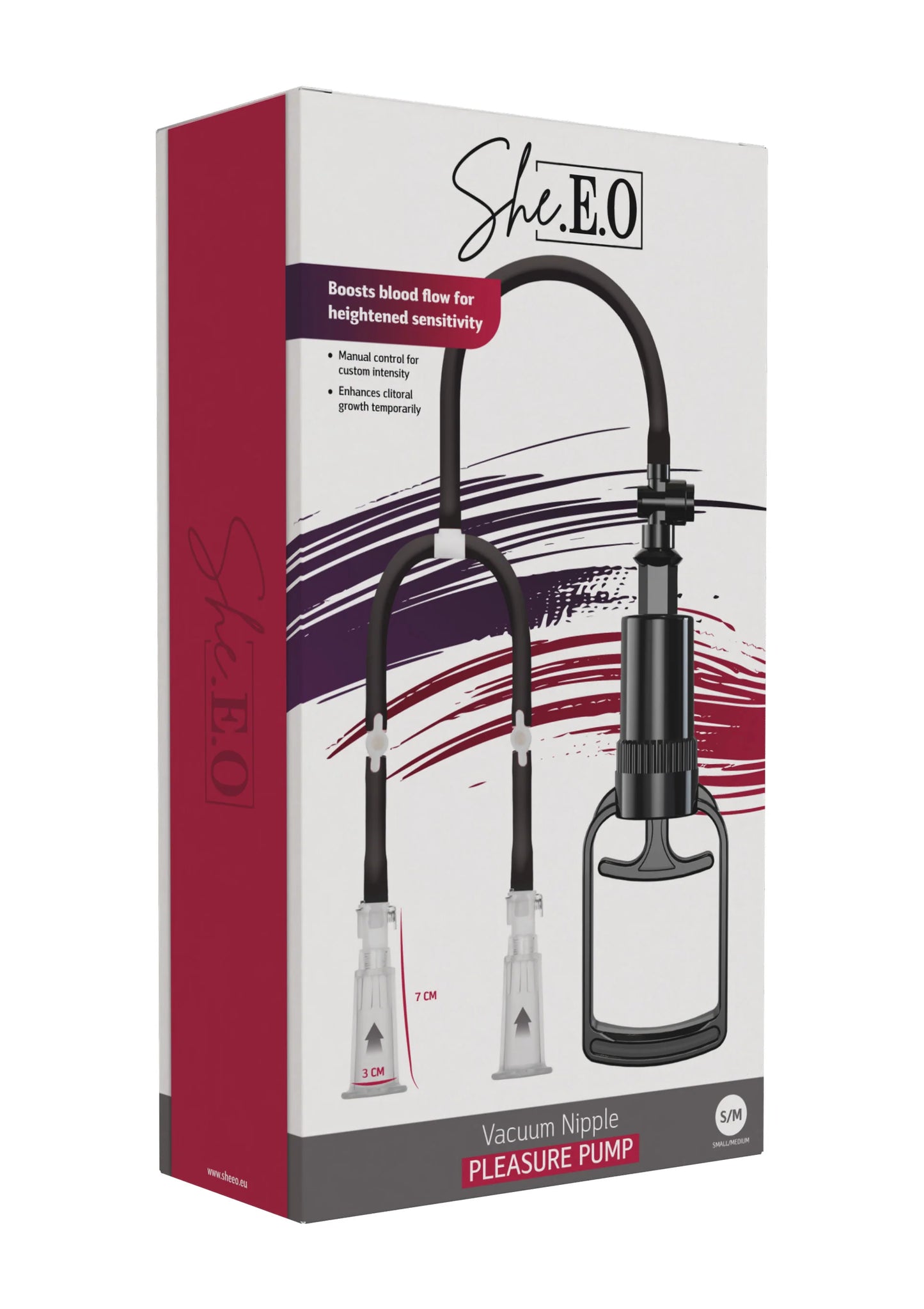 She.E.O vacuum nippelpomp doosfront met illustratie van beugel en pomp-fles.