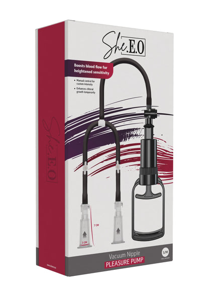 She.E.O vacuum nippelpomp doosfront met illustratie van beugel en pomp-fles.