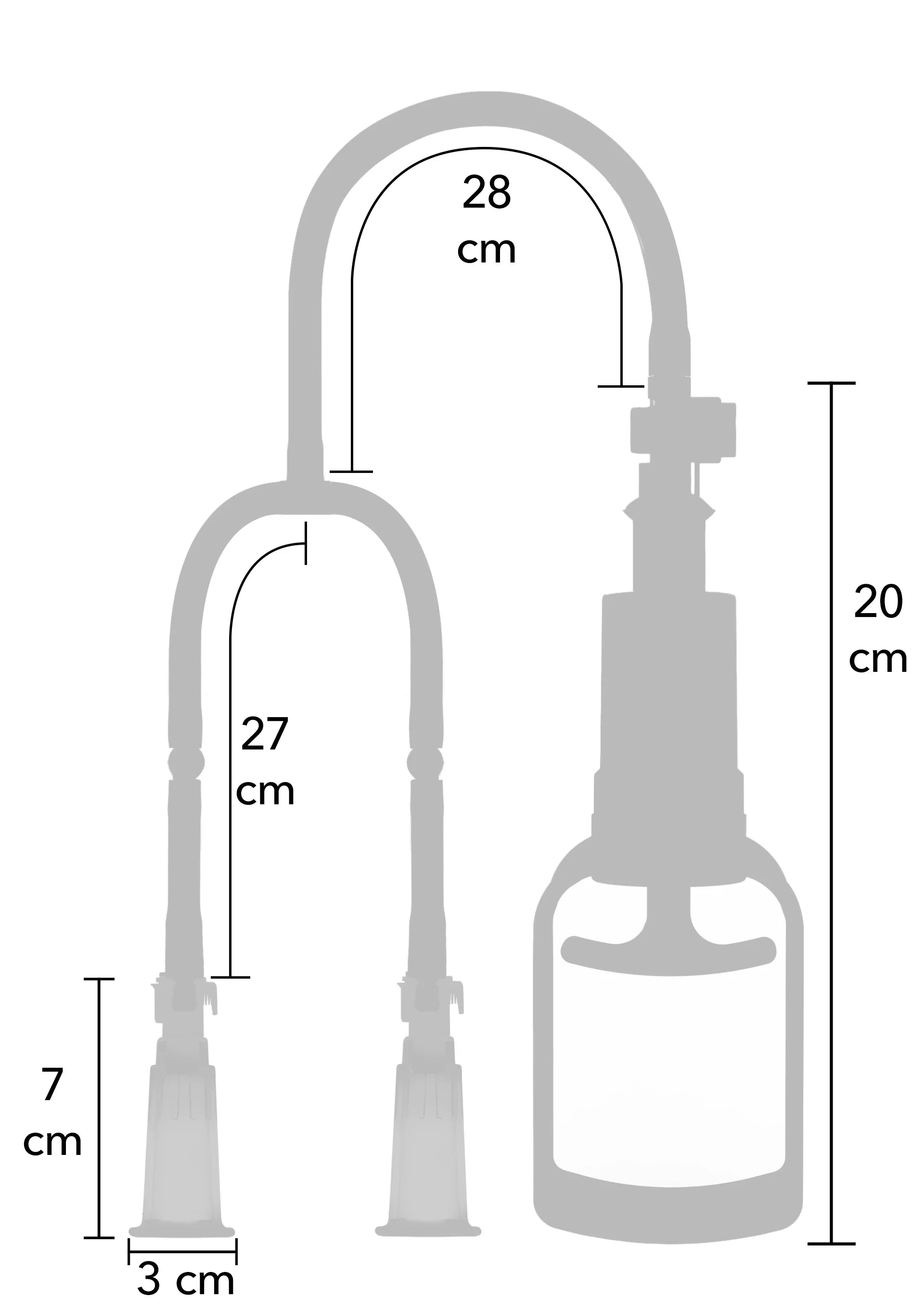 Vacuum nippelpomp met maatdiagram: beugel en cups, pomp-fles met maten tot 20 en 28 cm.
