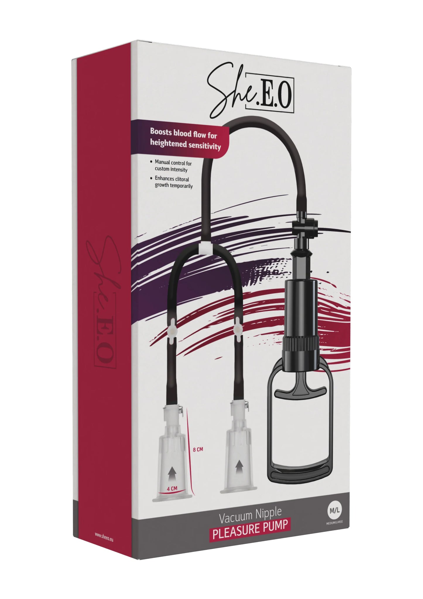 She.E.O vacuum borstzuigpomp doos met afbeelding van zuigpomp en twee kappen