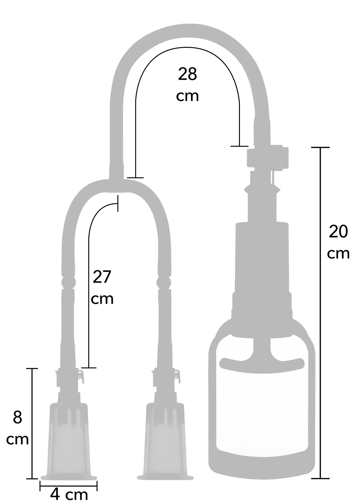Afmetingen vacuum borstzuigpomp met cm-aanduidingen, inclusief 27 en 20 cm