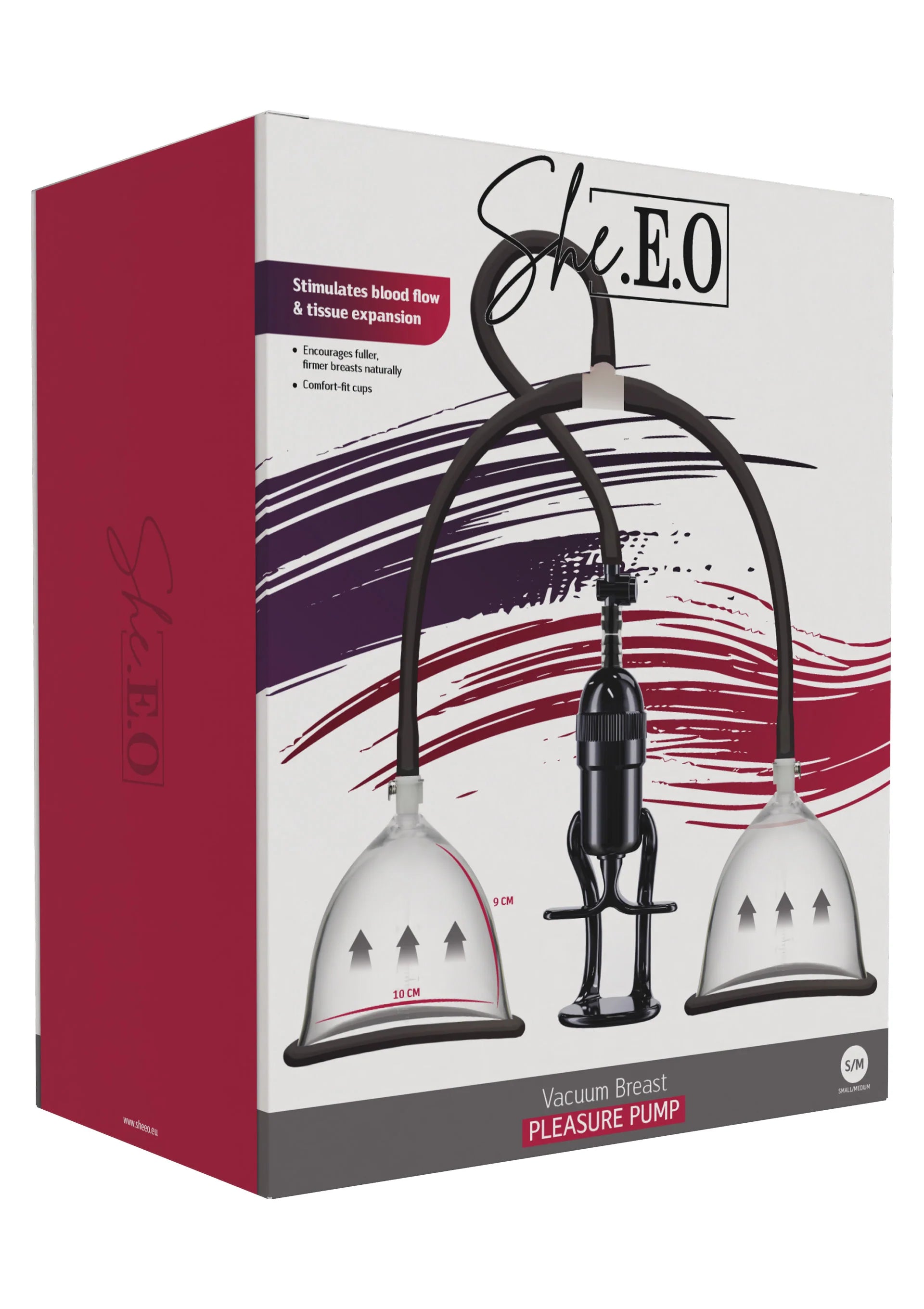 Vacuum borstpomp verpakking met She.E.O.-branding en drie zuignappen