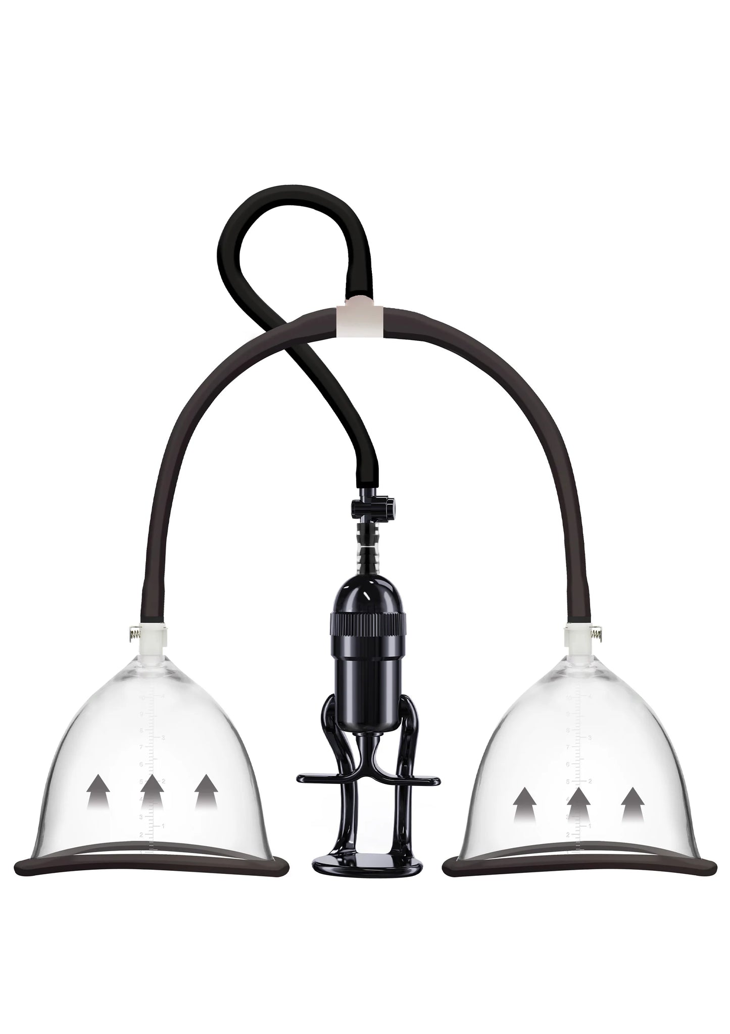 Vacuum borstplezierpomp met twee transparante domes en gebogen slangklemmen