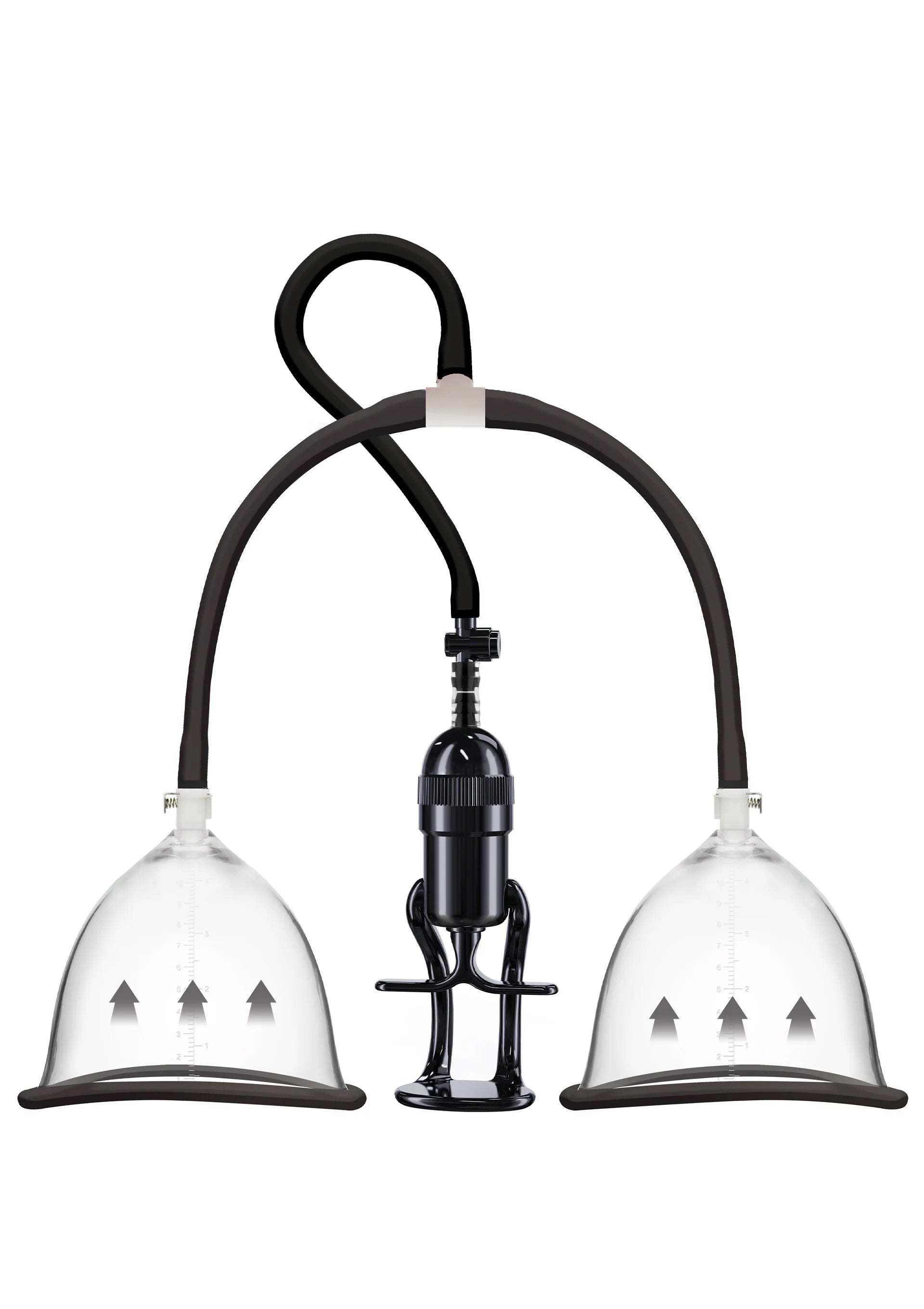 Vacuum borstplezierpomp met twee transparante domes en gebogen slangklemmen