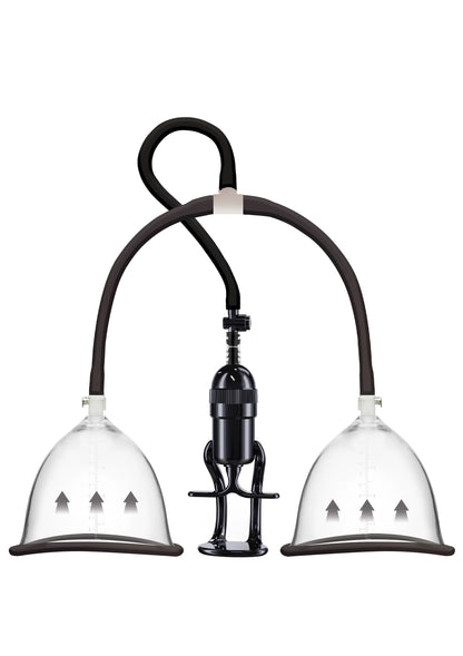 Vacuum borstplezierpomp met twee transparante domes en gebogen slangklemmen