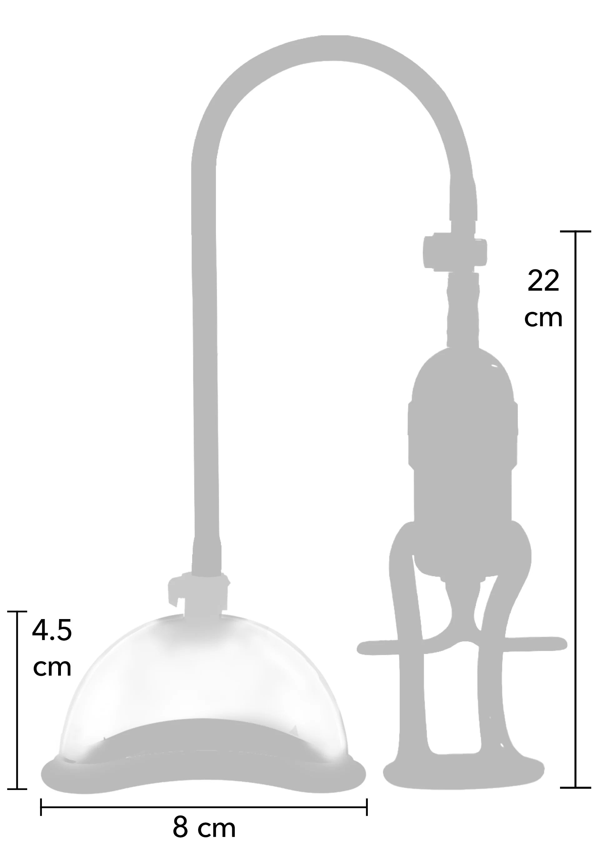 Afmetingsdiagram vacuümpomp met zuigkap en pompcilinder, maatlijnen in grijs
