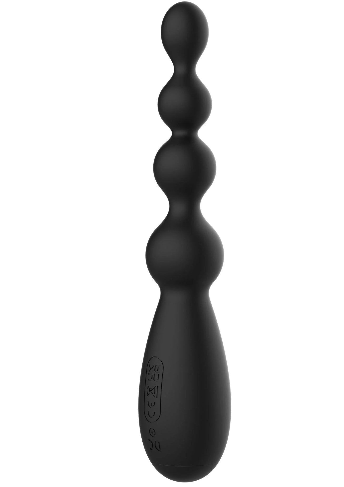 Zwarte anale vibrator met bolle segmenten en ovale basis met bedrukking