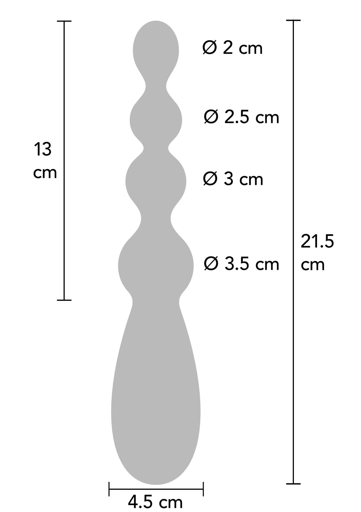 Afmetingsdiagram: 21,5 cm lang; diameters Ø2 tot Ø3,5 cm; basis Ø4,5 cm.