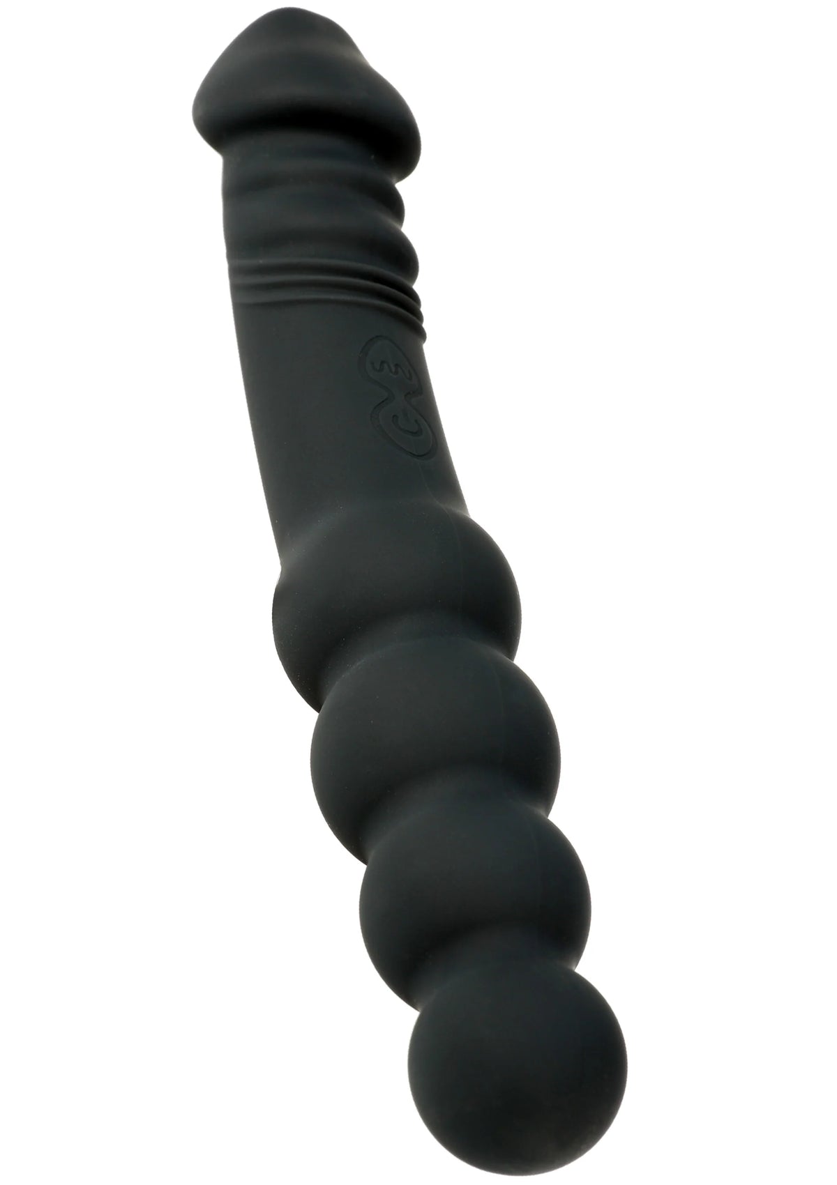 Zwarte dual-sided anale vibrator met geribbelde grip en bolvormige uiteinden