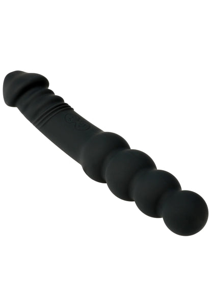 Zwarte siliconen anale vibrator, gebogen, met drie verdikkingen over de lengte