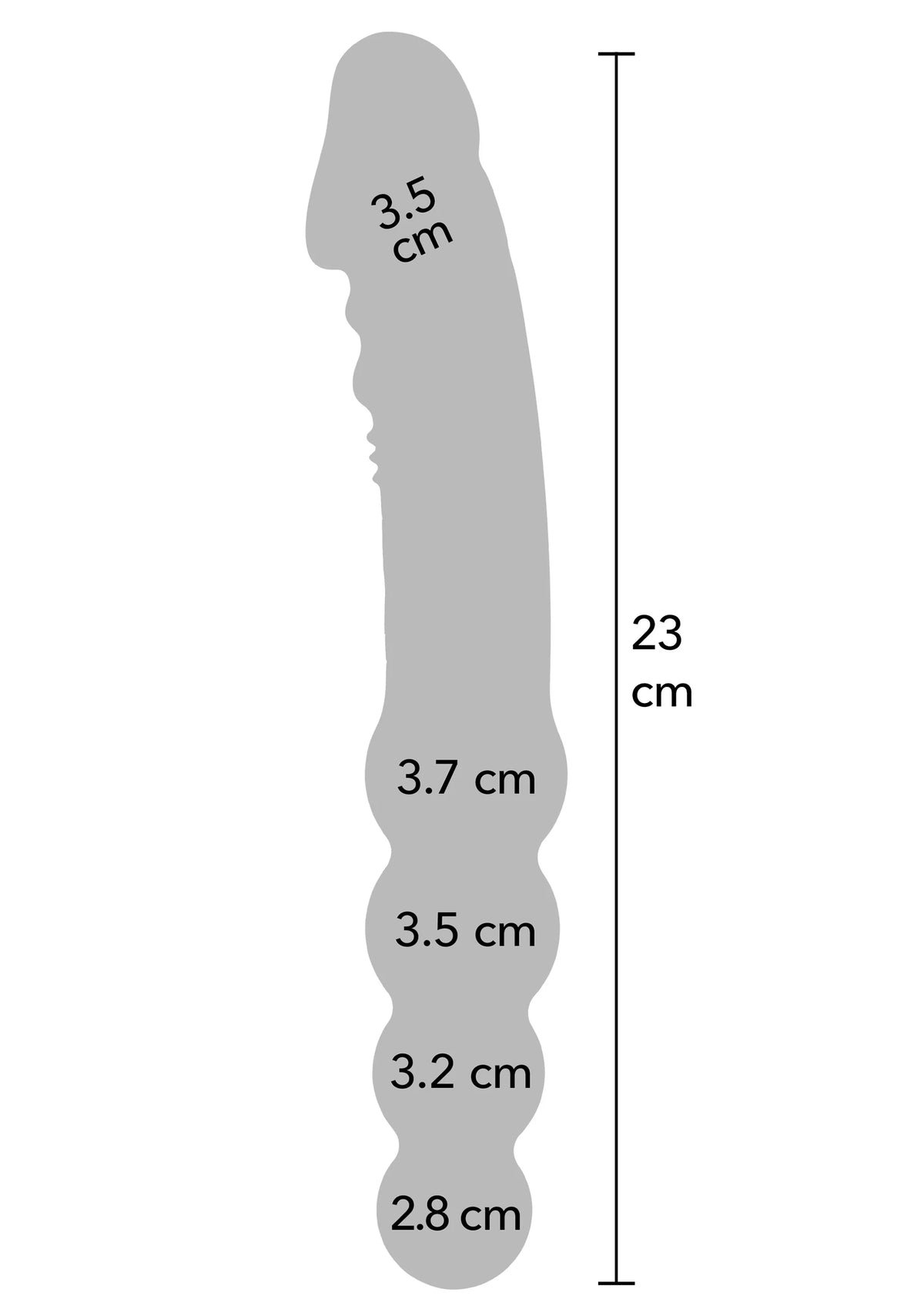Afmetingen in omtrek: 23 cm anale vibrator, breedtes 3,5–2,8 cm