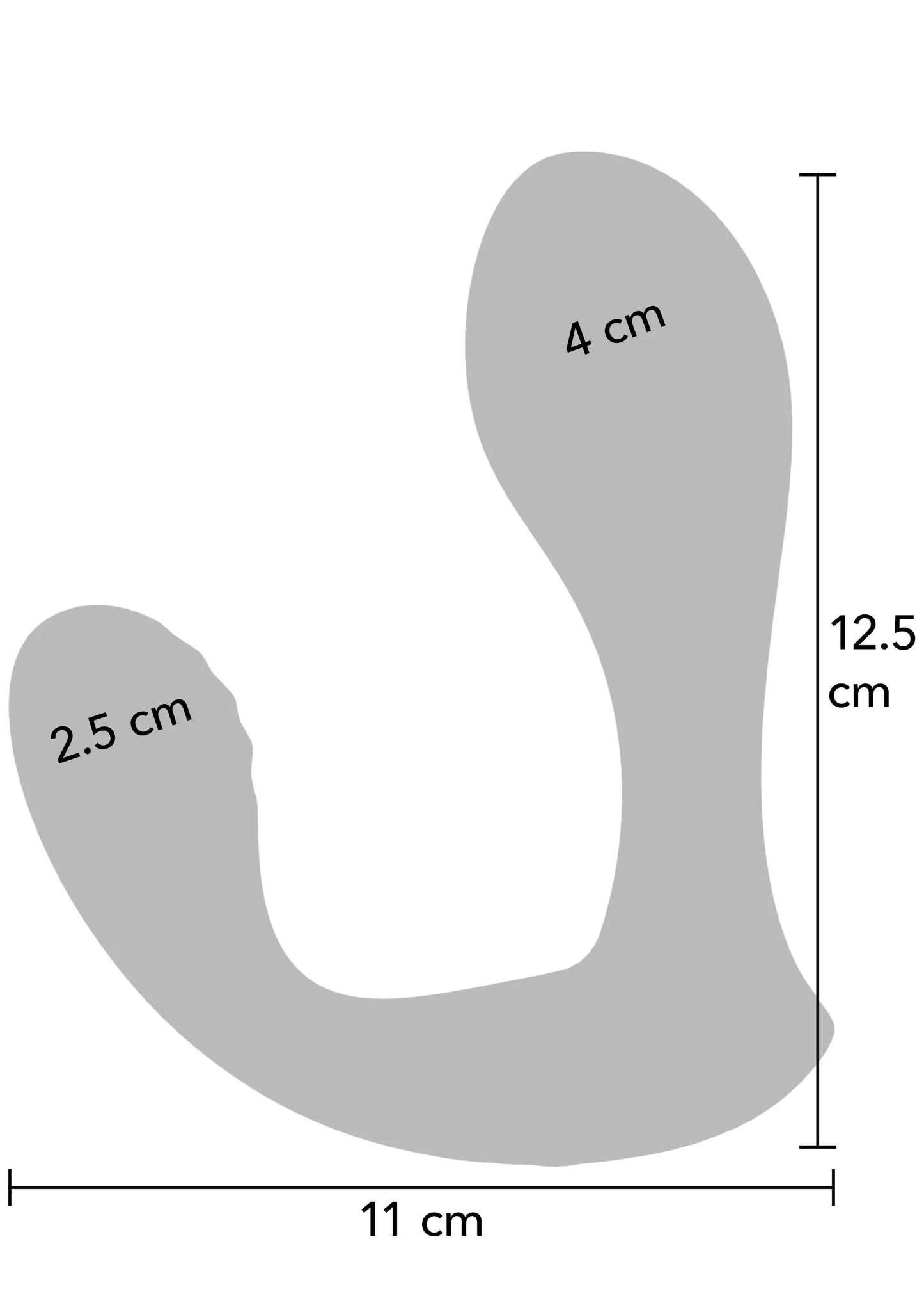 Anale plug-maatdiagram: 11 cm lengte, 12,5 cm hoogte en 2,5 cm breedte