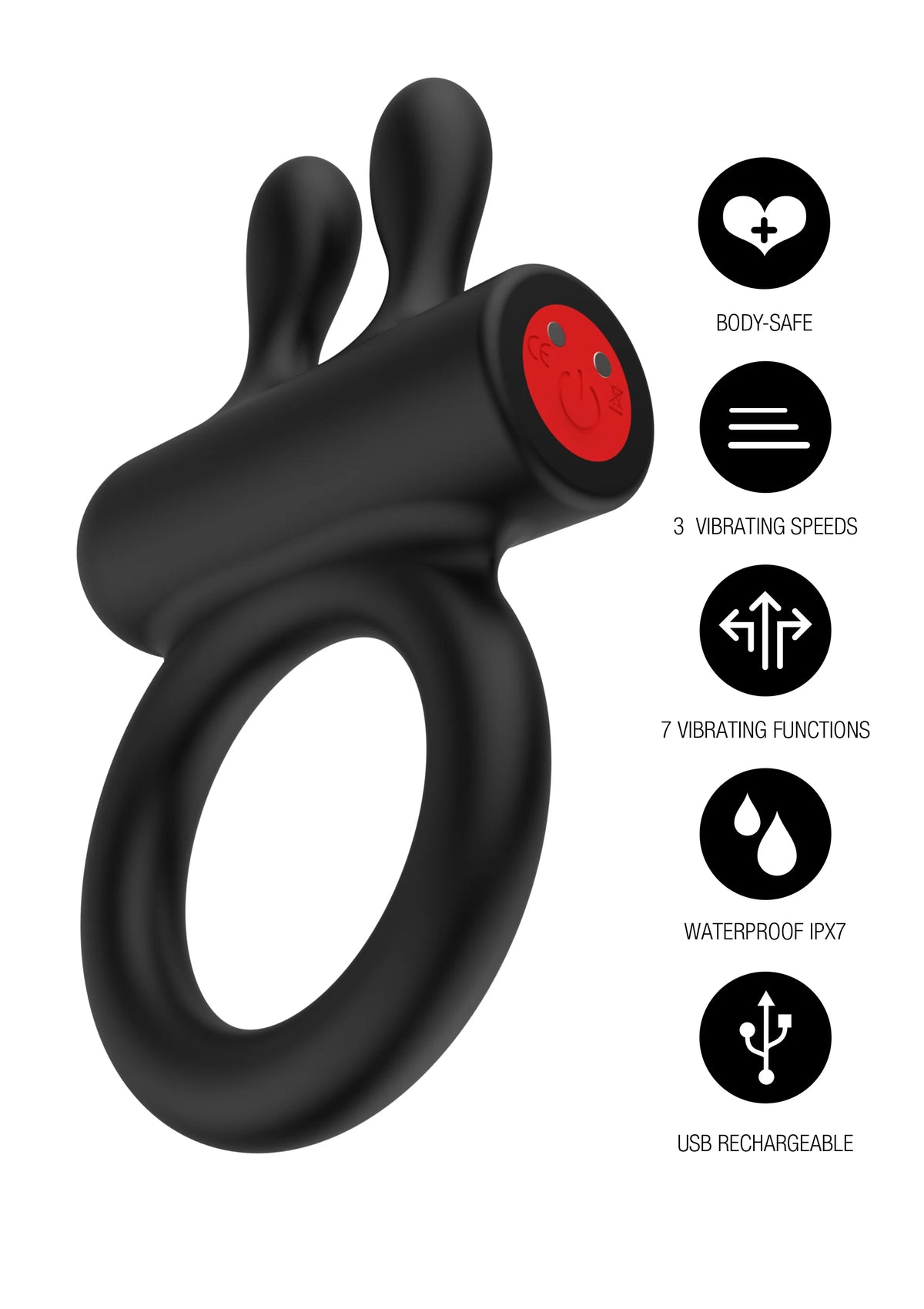 Zwarte siliconen C-ring vibrator met twee uitsteeksels en rood contactoppervlak