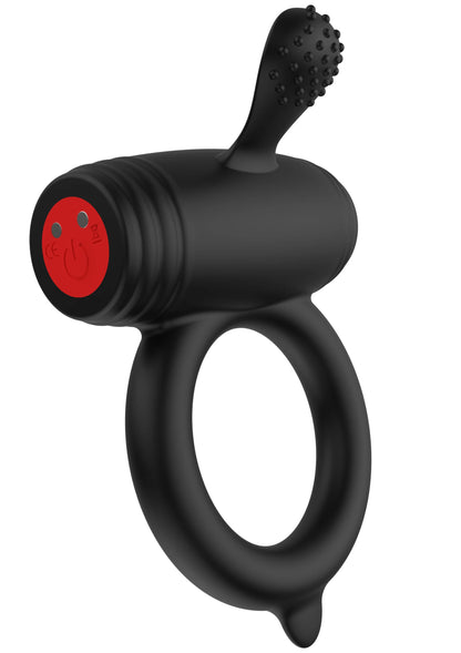Zwarte C-ring met rood inzetstuk en noppen op opzetstuk, schuin zijaanzicht.