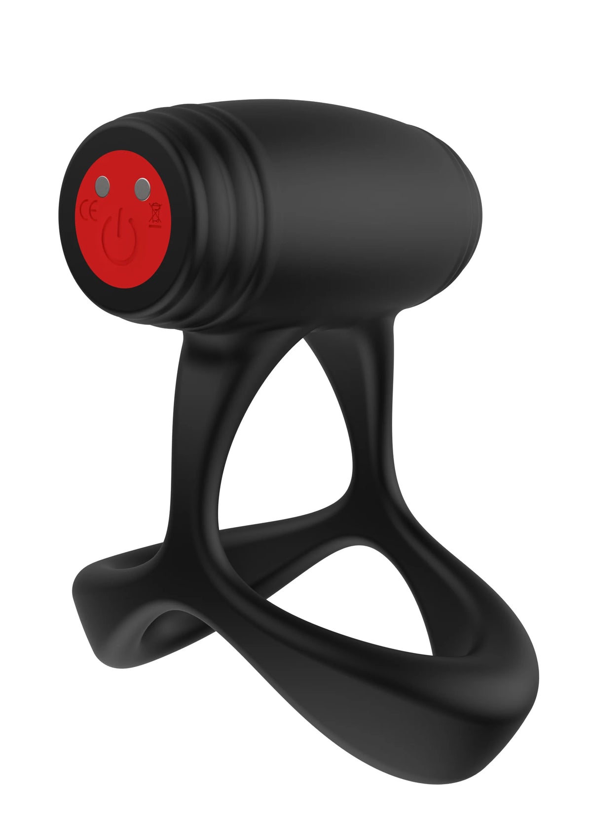 Zwarte C-ring penisring met open kruis en rood inzetstuk