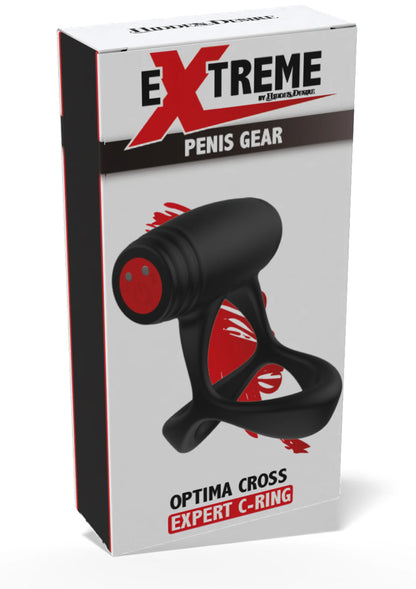Verpakkingsdoos voor zwarte C-ring penisring met rood inzetstuk en productfoto
