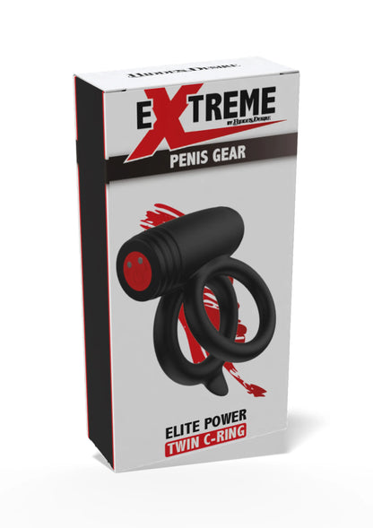 Doosverpakking van Elite Power Twin C-Ring penis gear met zwarte ring en rode streep