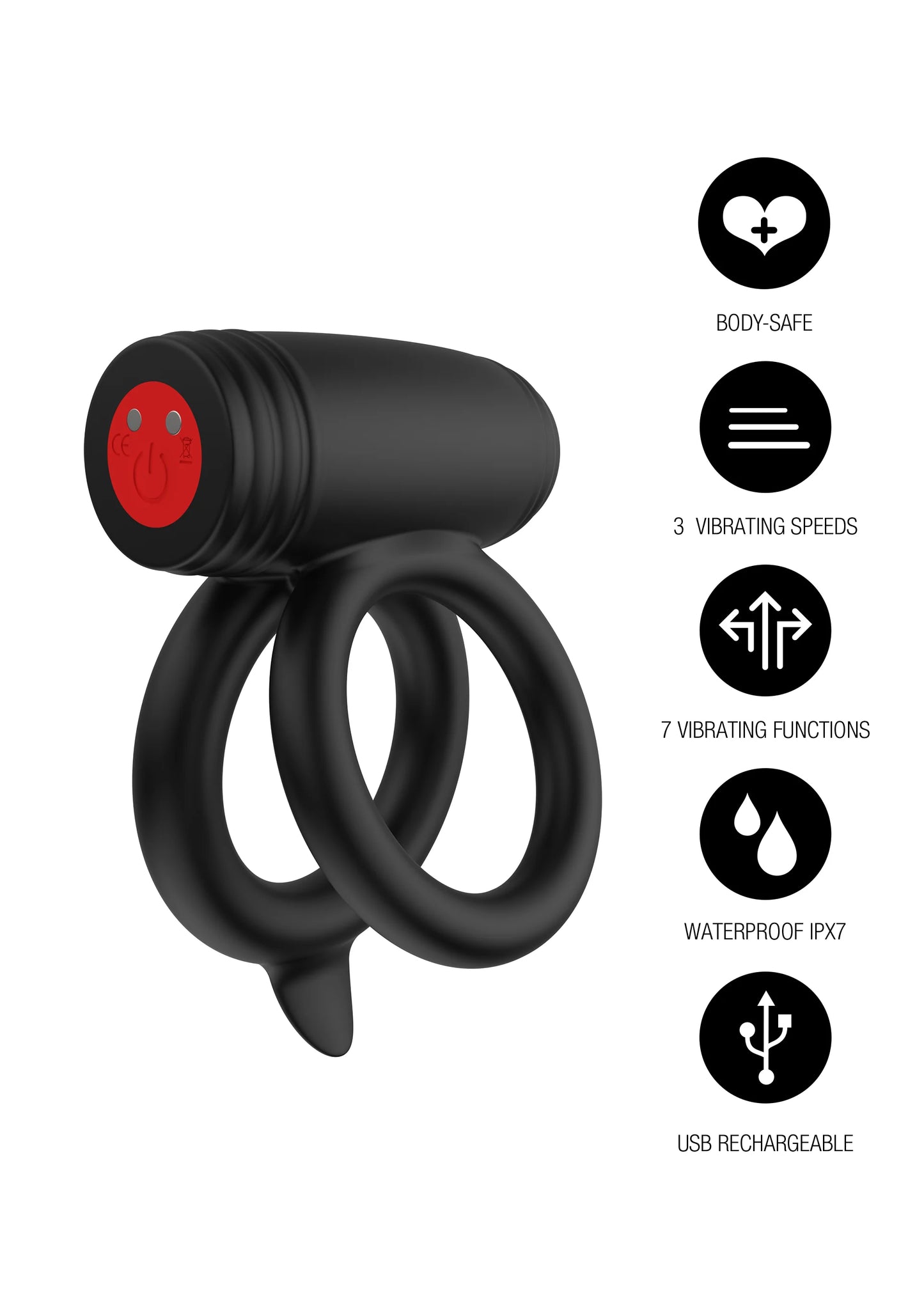 Zwarte dubbele C-ring vibrator met cilinderbehuizing en twee ringen