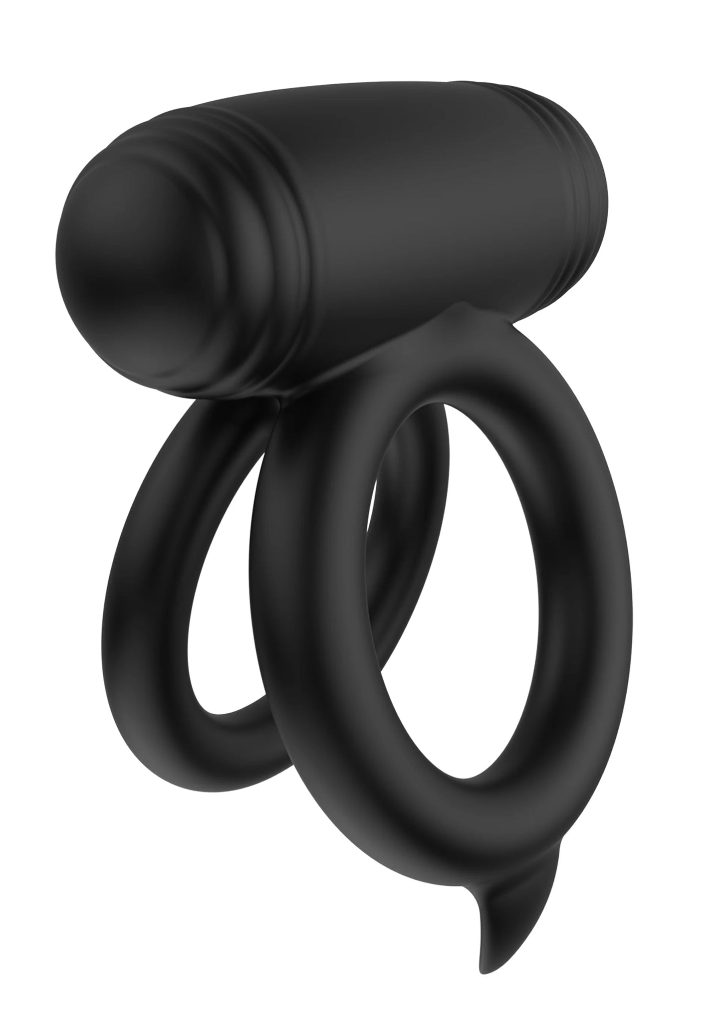 Zwarte dubbele C-ring vibrator met gebogen ringen en cilinderkop