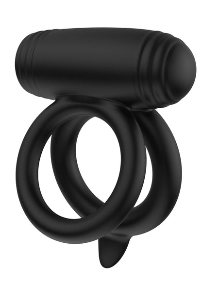 Zwarte dubbele C-ring vibrator met bovenste cilinder en twee gebogen ringen