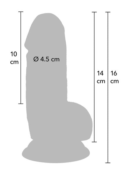 Afmetingenillustratie: PVC-dildo, 14 cm lengte en Ø 4,5 cm