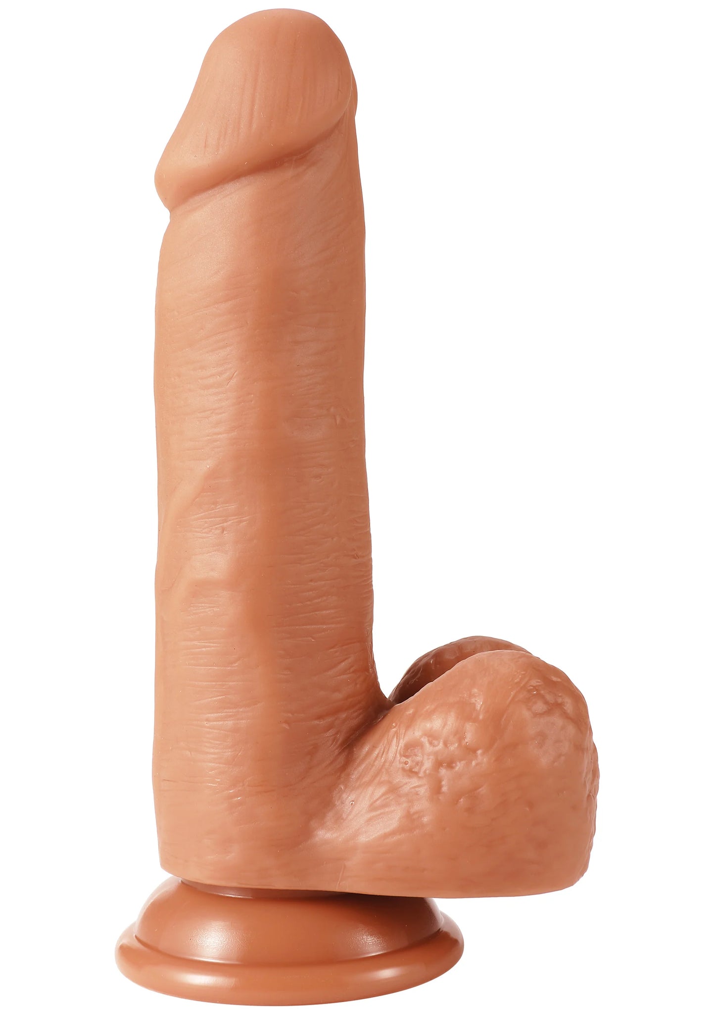Realistische PVC dildo, lichtbruine kleur, frontaanzicht met ronde voet