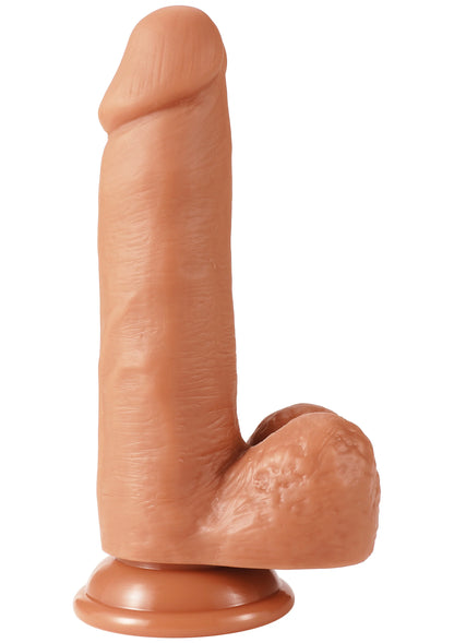 Realistische PVC dildo, lichtbruine kleur, frontaanzicht met ronde voet
