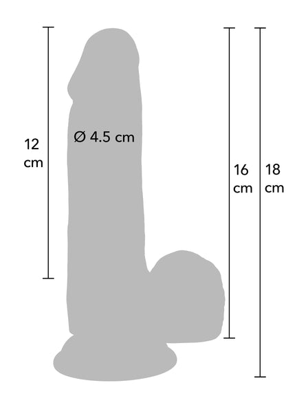 Afbeelding met dildo-afmetingen: Ø4,5 cm, 16 cm en 18 cm