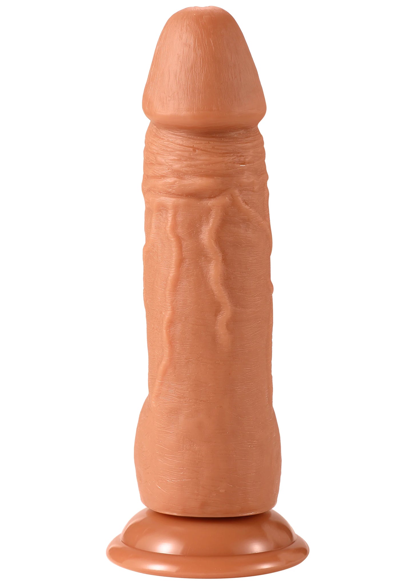Realistische PVC-dildo, bruin, frontaanzicht met brede voet