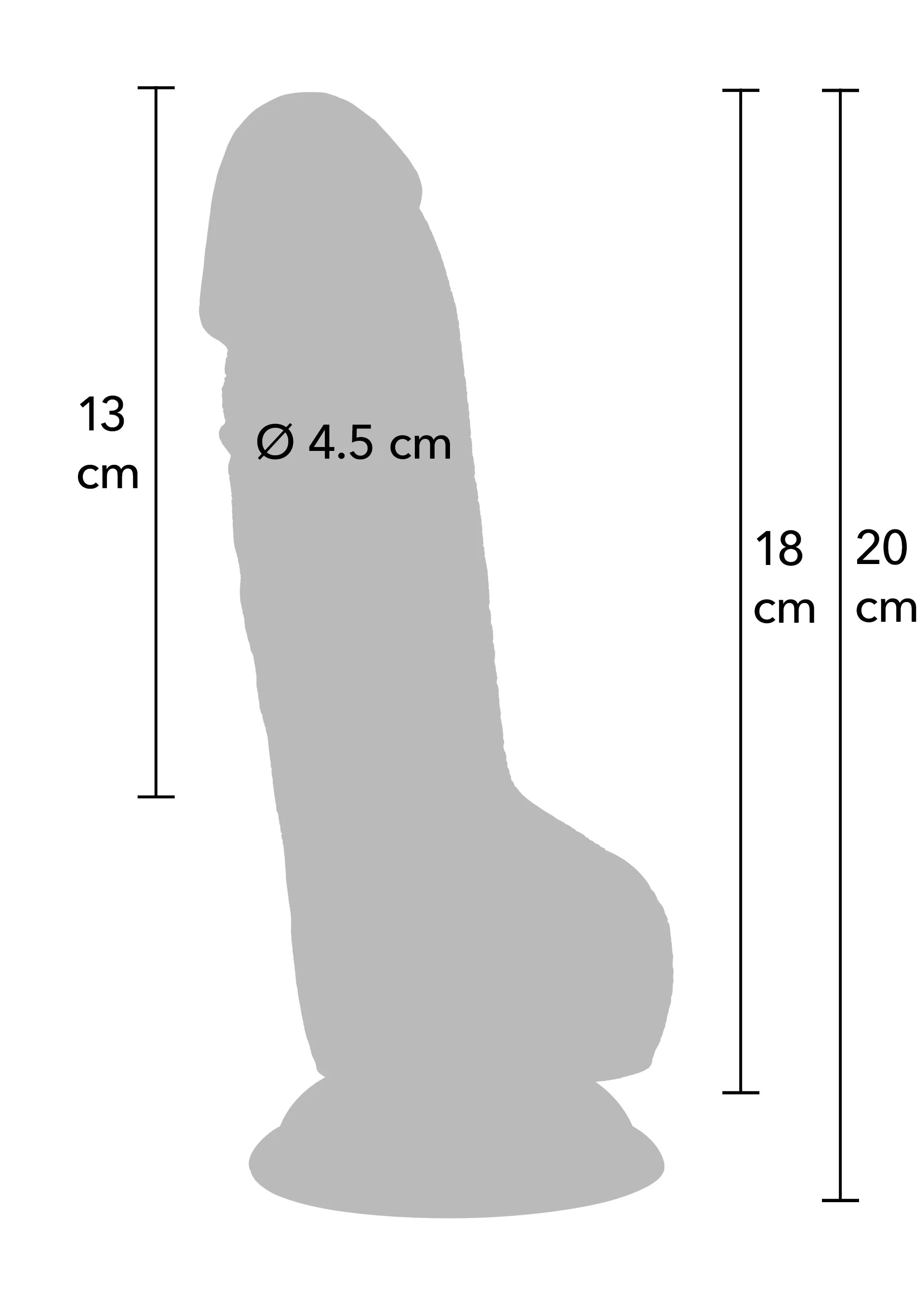 Afmetingen diagram: dildo-silhouet met hoogte 13 cm en Ø 4,5 cm, 18/20 cm.