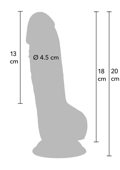 Afmetingen diagram: dildo-silhouet met hoogte 13 cm en Ø 4,5 cm, 18/20 cm.