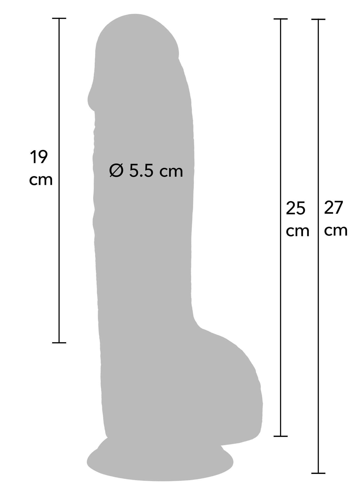 Afmetingsdiagram van realistische PVC-dildo: Ø 5,5 cm, hoogte 19/25–27 cm