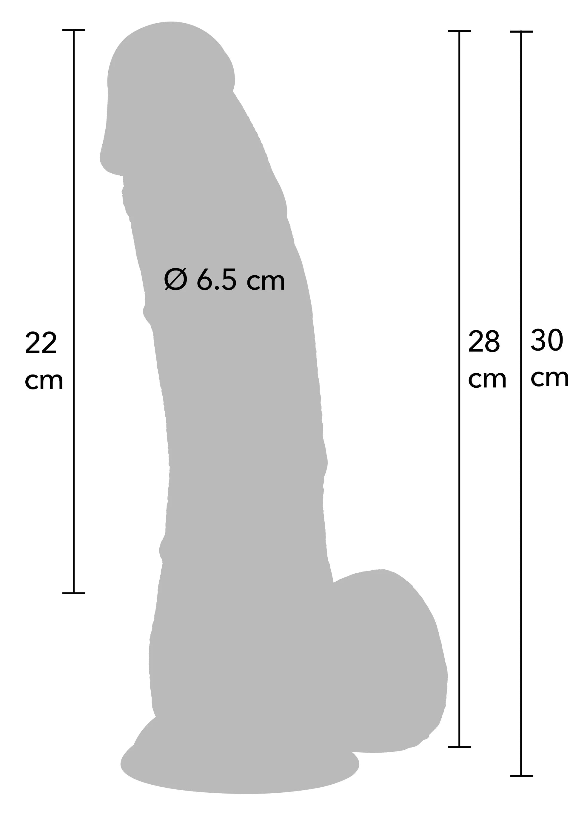Afmetingen-silhouet van PVC seksdildo: Ø6,5 cm, 22 cm hoog, 28/30 cm