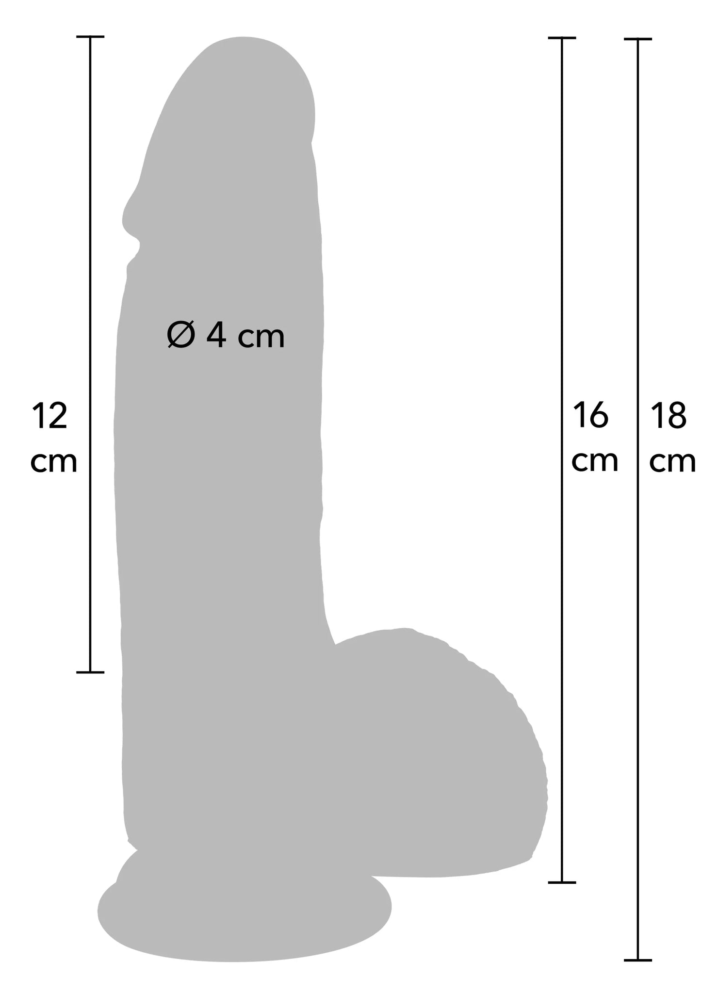 Afmetingen: Ø4 cm, 12 cm hoog; 16 cm en 18 cm lengte-indicatie voor dildo