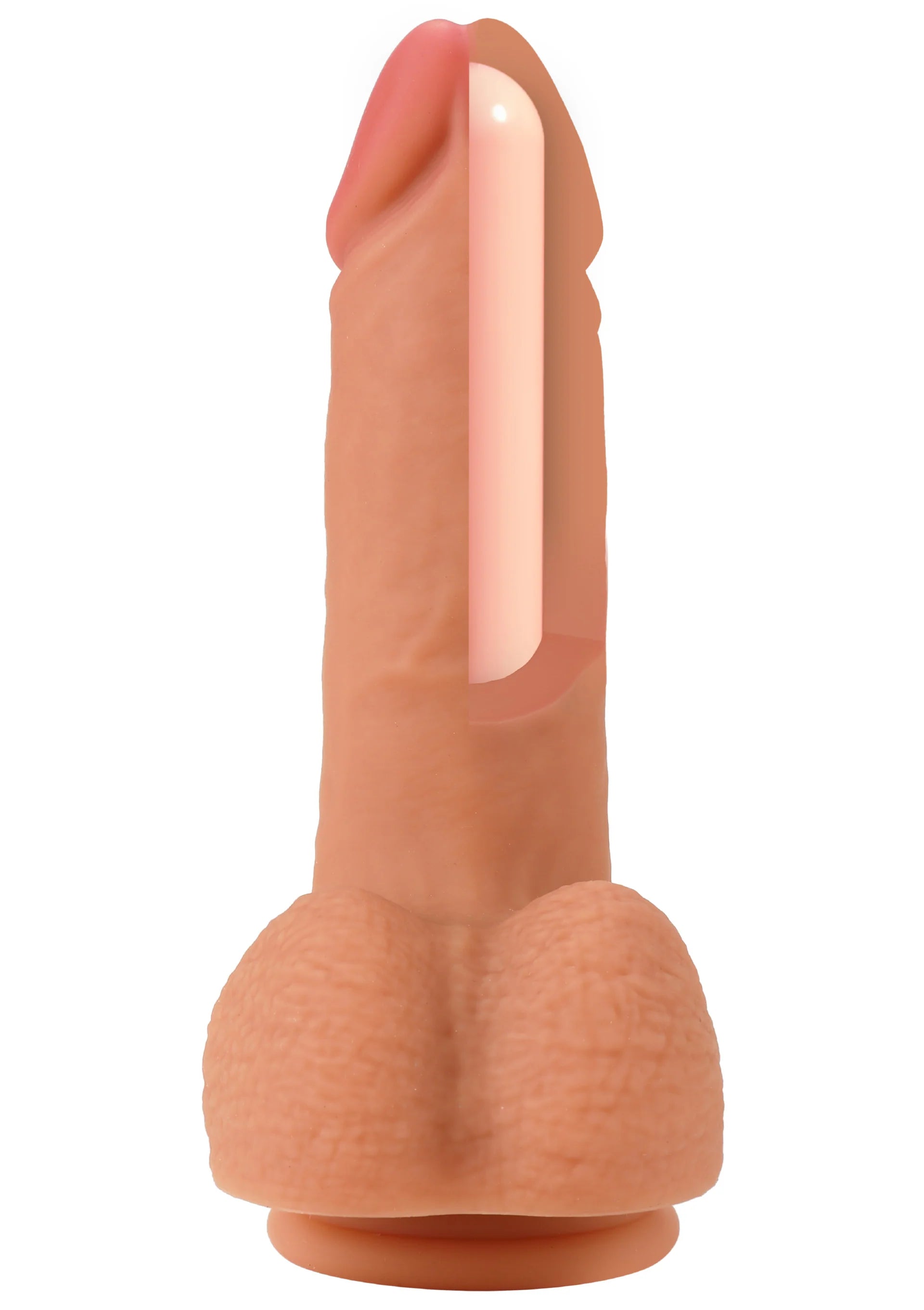 Roze dildo van vloeibare siliconen, afgeronde top en brede basis met textuur