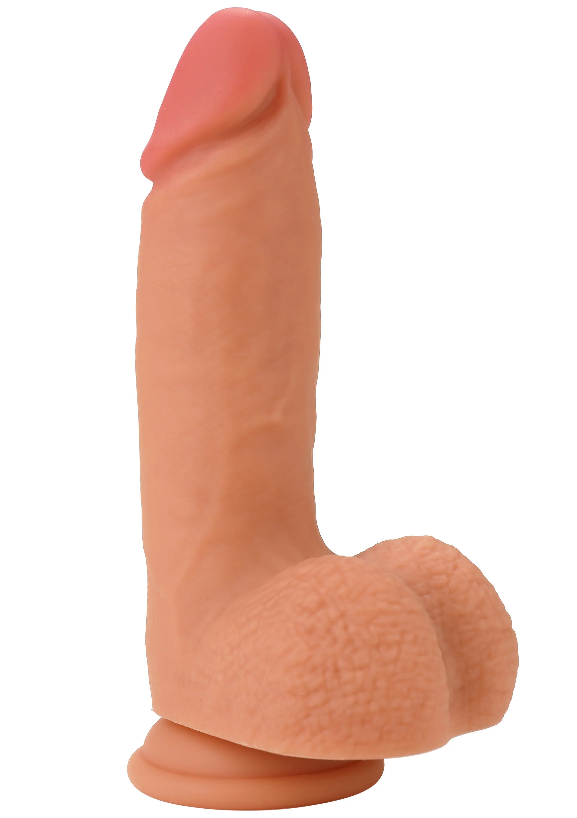 Roze dildo van vloeibare siliconen met gebogen schacht en verdikte onderkant