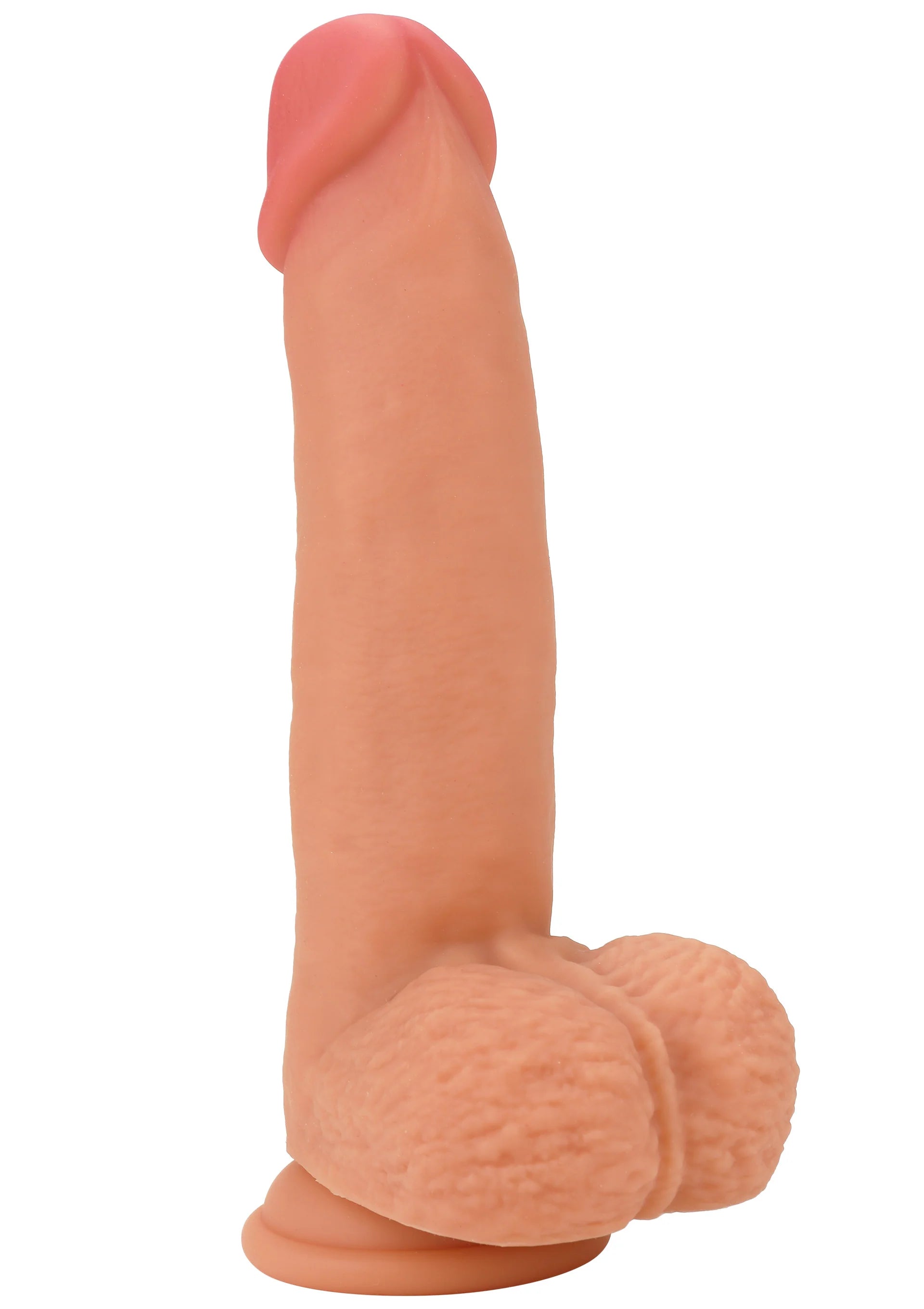Zalmroze vloeibare siliconen dildo met gebogen vorm en brede voet