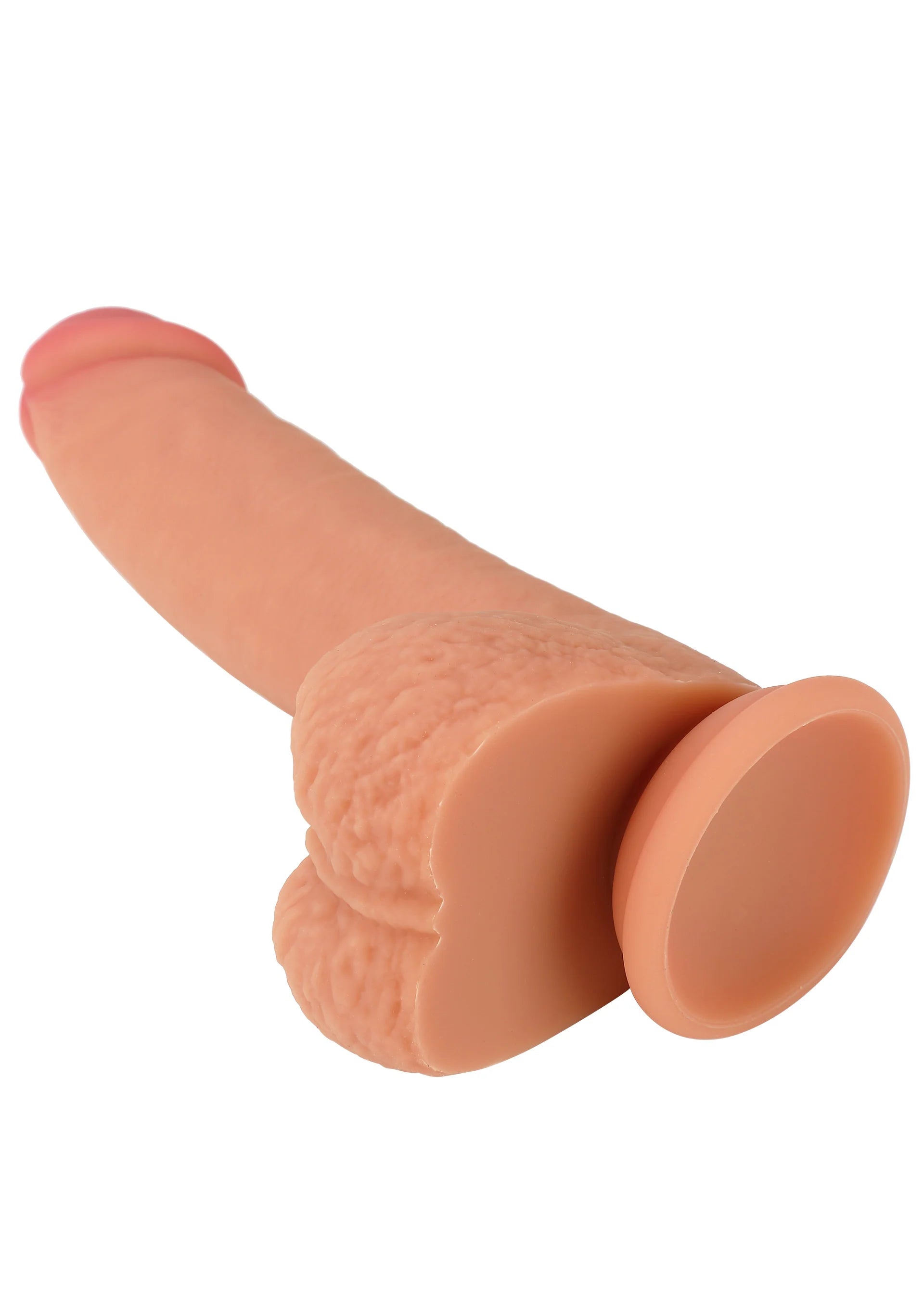 Zalmroze vloeibare siliconen dildo met open uiteinde en getextureerde basis